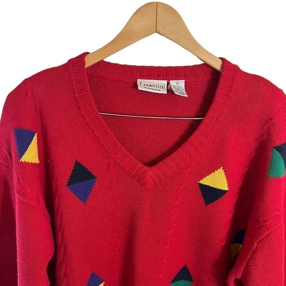 Essential Elements Vintage Sweater XL Colorful V Neck Diamond Pattern Pullover - Picture 3 of 6